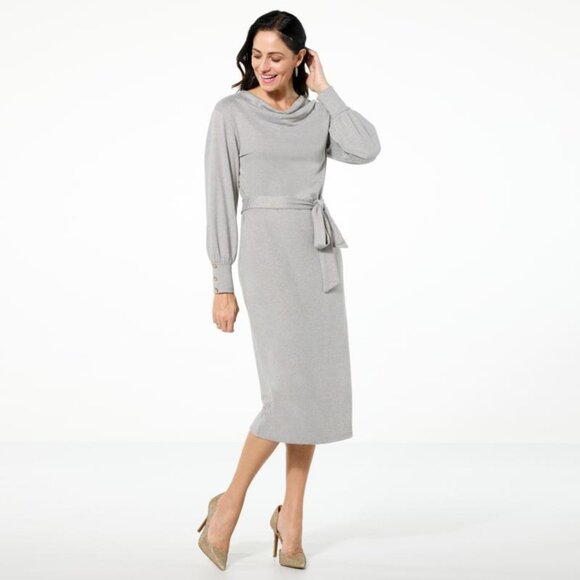 TWRHLL by Christie Brinkley Knit Cowl Neck Dress Size Medium Heather Grey Chic - Picture 1 of 7